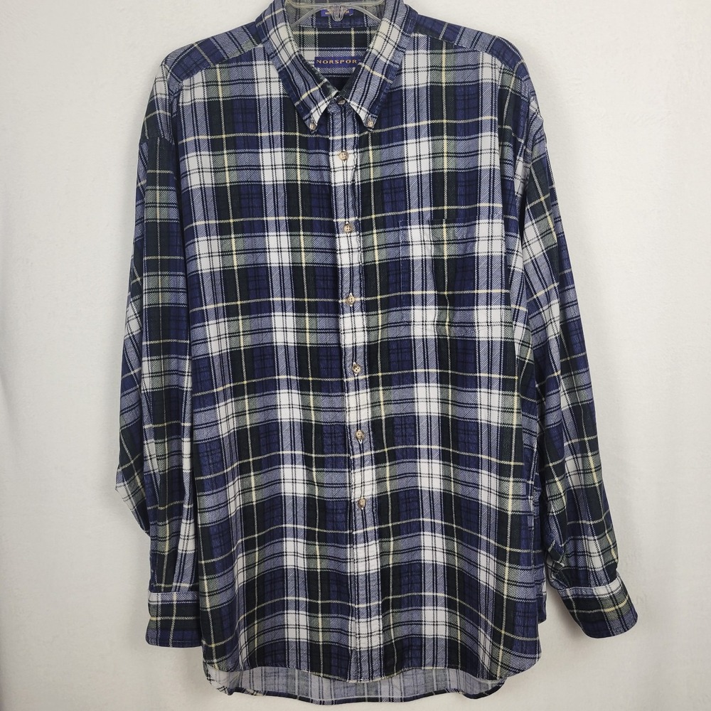 NORSPORT Men's XL Plaid Corduroy Long Sleeve Button Down Shirt 100% Cotton Blue